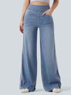 New Halara Blue Wide Leg Pull On Denim Pants High Waist Pockets-Medium